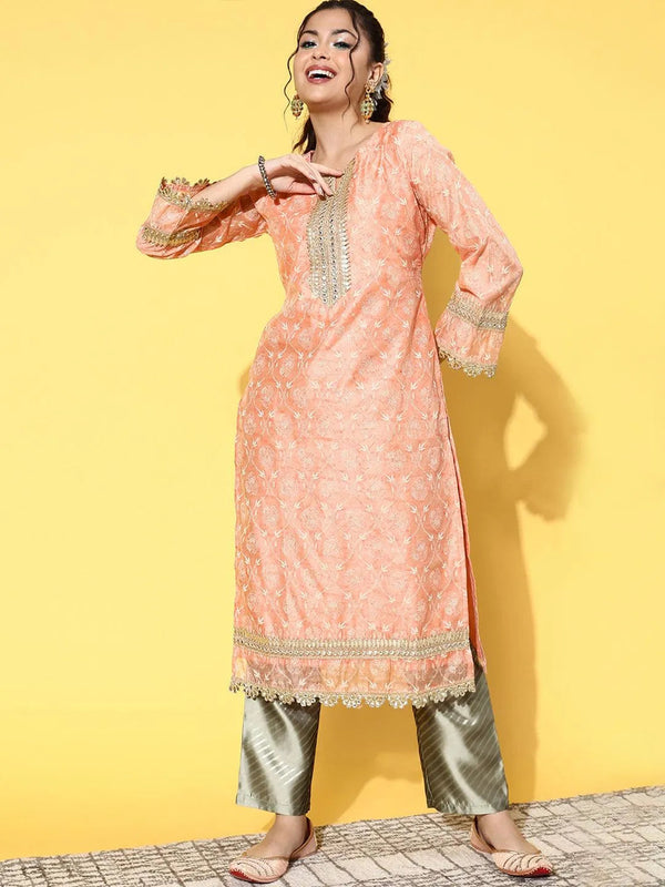 Peach Printed Chanderi Silk Straight Kurta - Jashvi