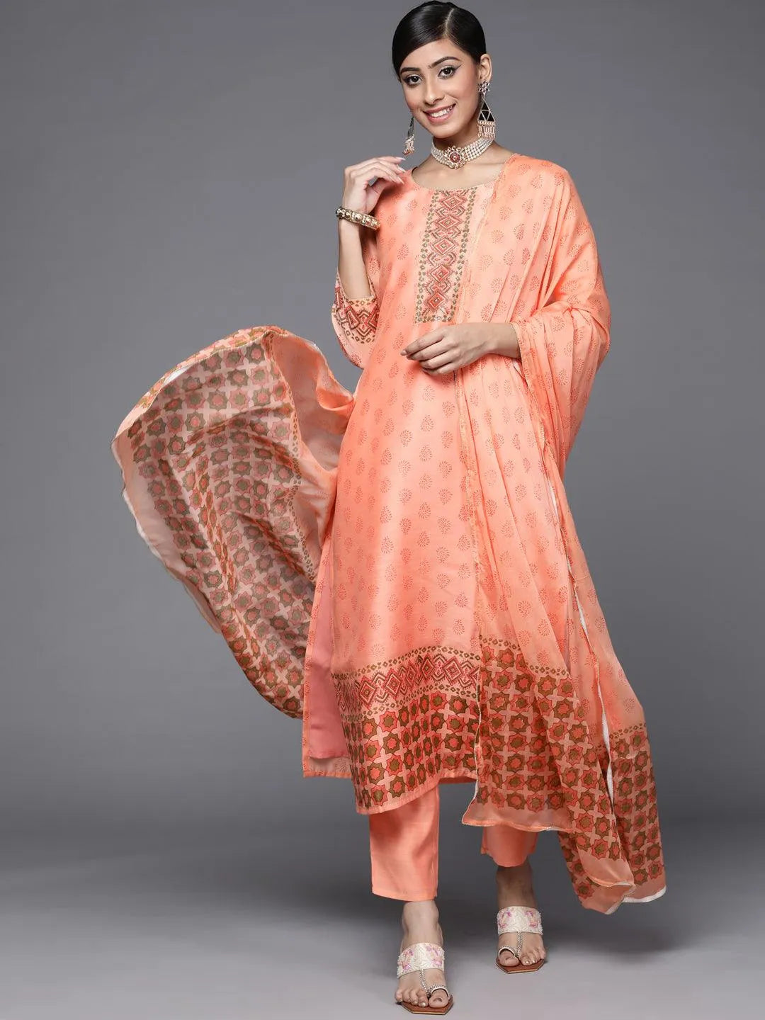 Peach Printed Chanderi Silk Suit Set - Jashvi