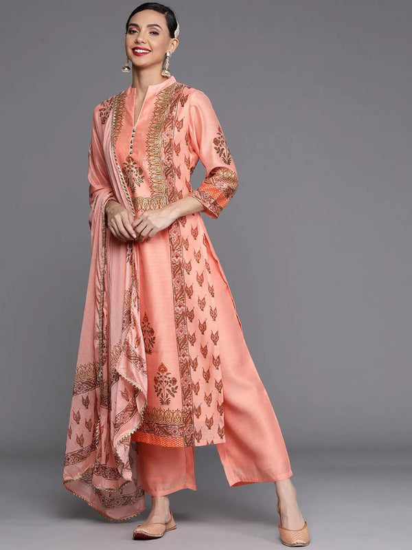 Peach Printed Chanderi Silk Suit Set - Jashvi