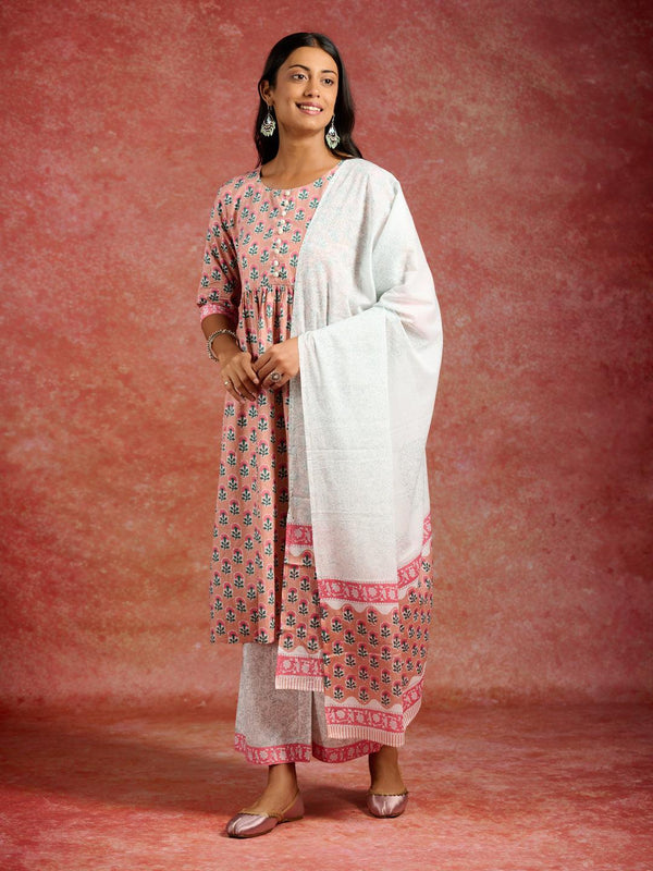 Peach Printed Cotton A-Line Kurta With Palazzos & Dupatta - Jashvi