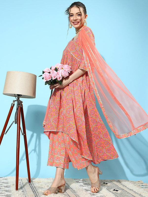 Peach Printed Cotton A-Line Kurta With Palazzos & Dupatta - Jashvi