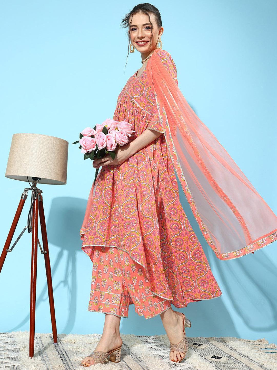 Peach Printed Cotton A-Line Kurta With Palazzos & Dupatta - Jashvi