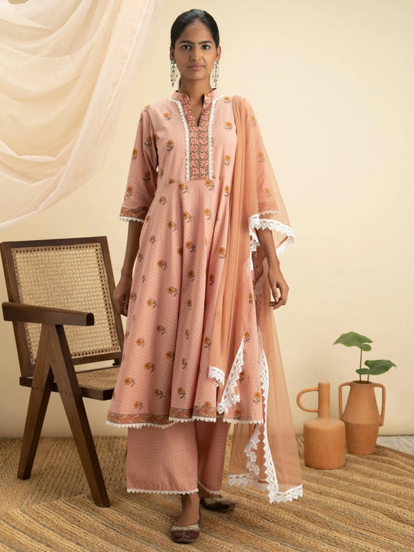 Peach Printed Cotton Suit Set - Jashvi