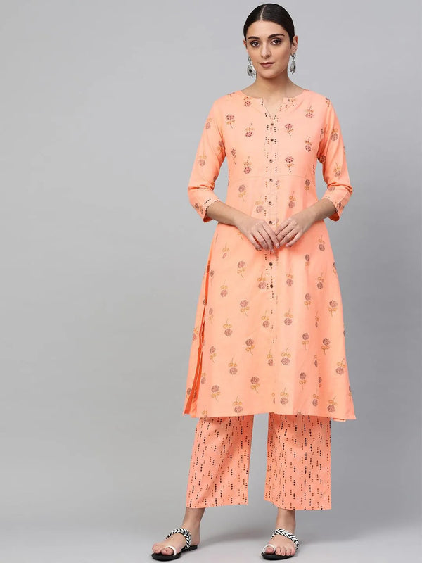 Peach Printed Cotton A-Line Kurta With Palazzos