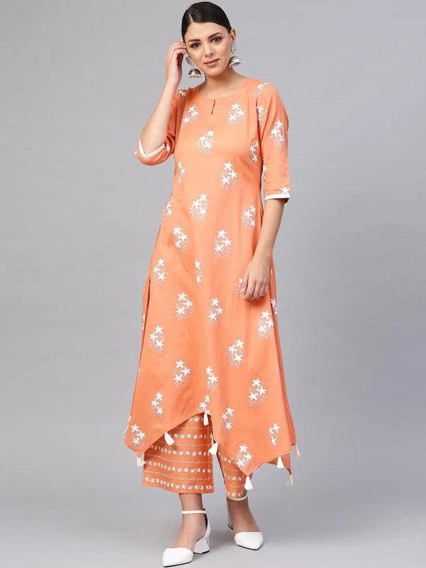 Peach Printed Cotton Kurta Set - Jashvi