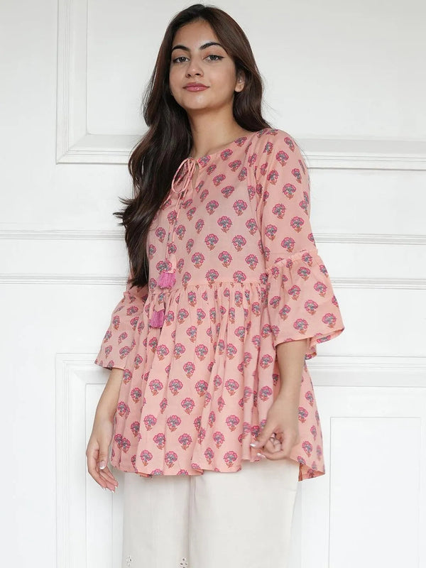 Peach Printed Cotton A-Line Kurti - Jashvi