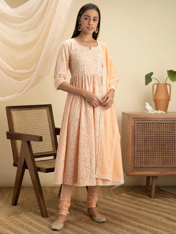 Peach Printed Cotton Suit Set - Jashvi