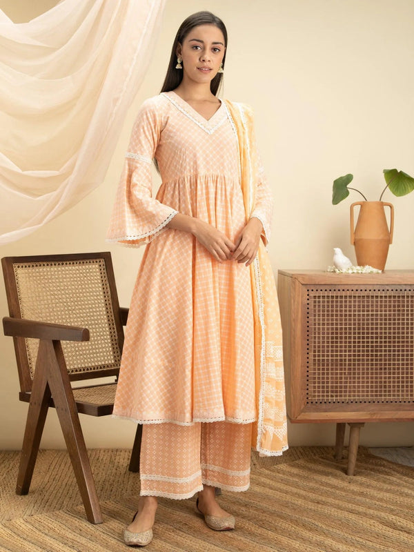 Peach Printed Cotton Suit Set - Jashvi