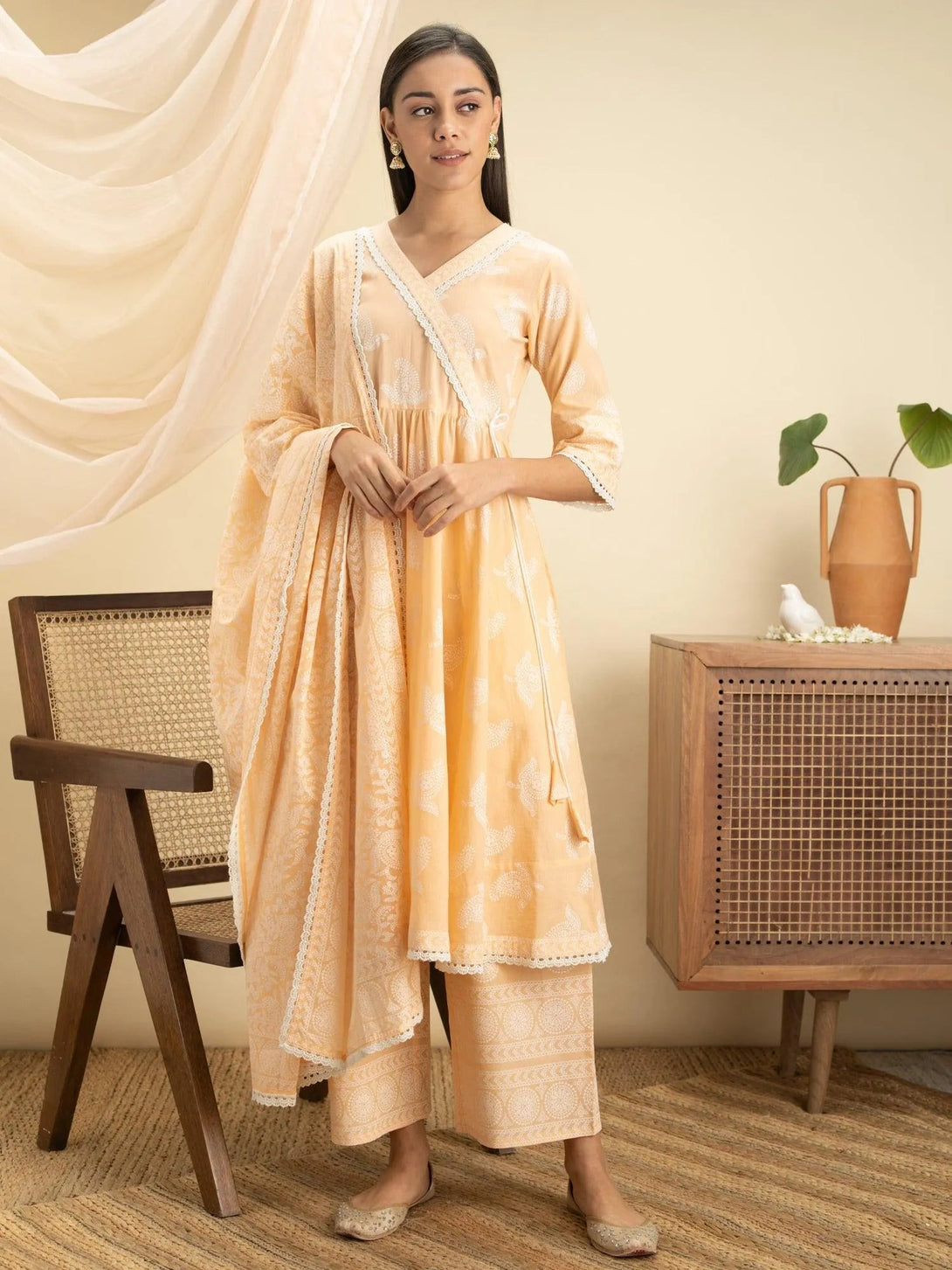 Peach Printed Cotton Suit Set - Jashvi