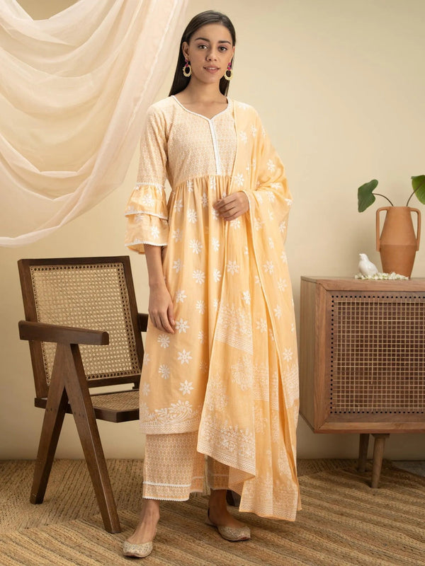 Peach Printed Cotton Suit Set - Jashvi