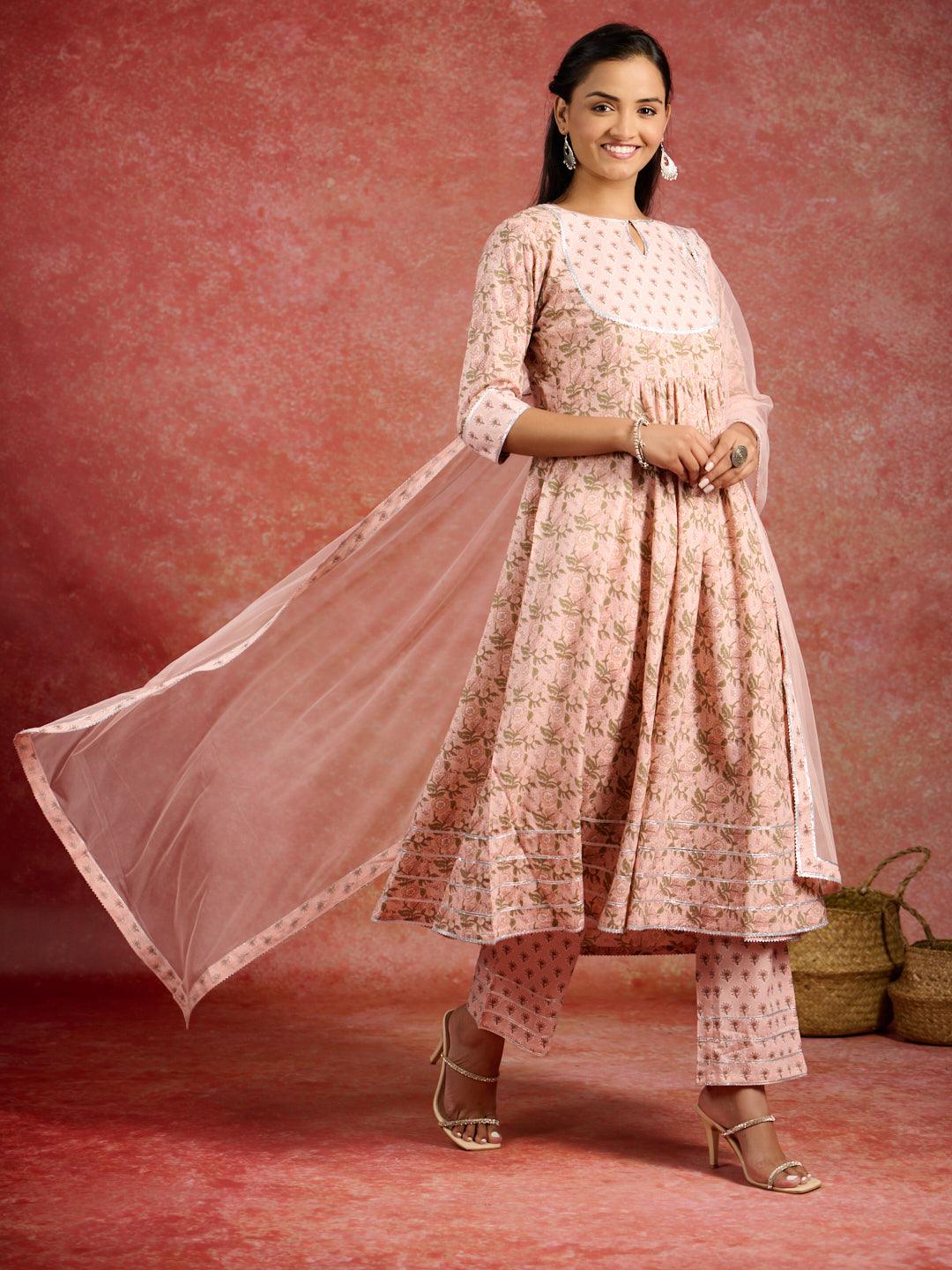 Peach Printed Cotton Anarkali Kurta With Trousers & Dupatta - Jashvi