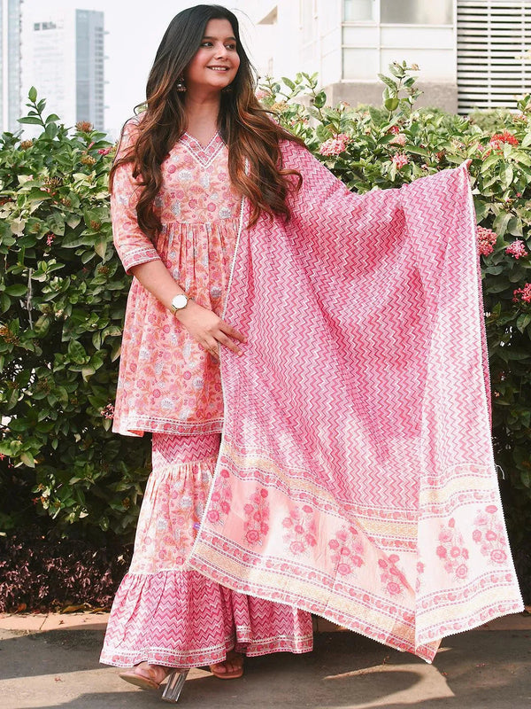 Peach Printed Cotton Anarkali Sharara Suit Set - Jashvi