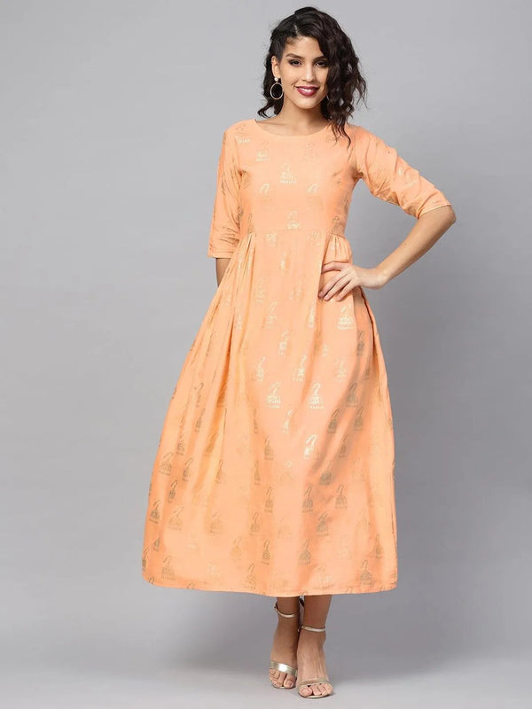 Peach Printed Cotton Dress - Jashvi