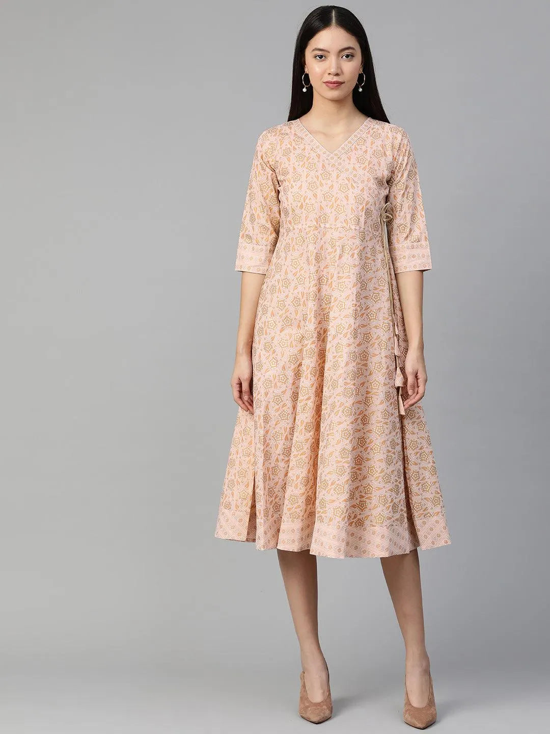 Peach Printed Cotton Dress - Jashvi