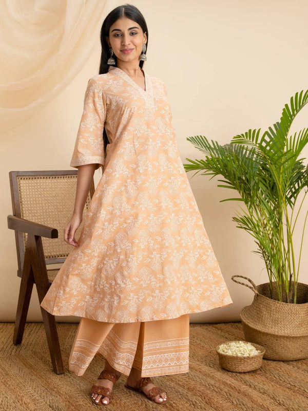 Peach Printed Cotton Kurta - Jashvi