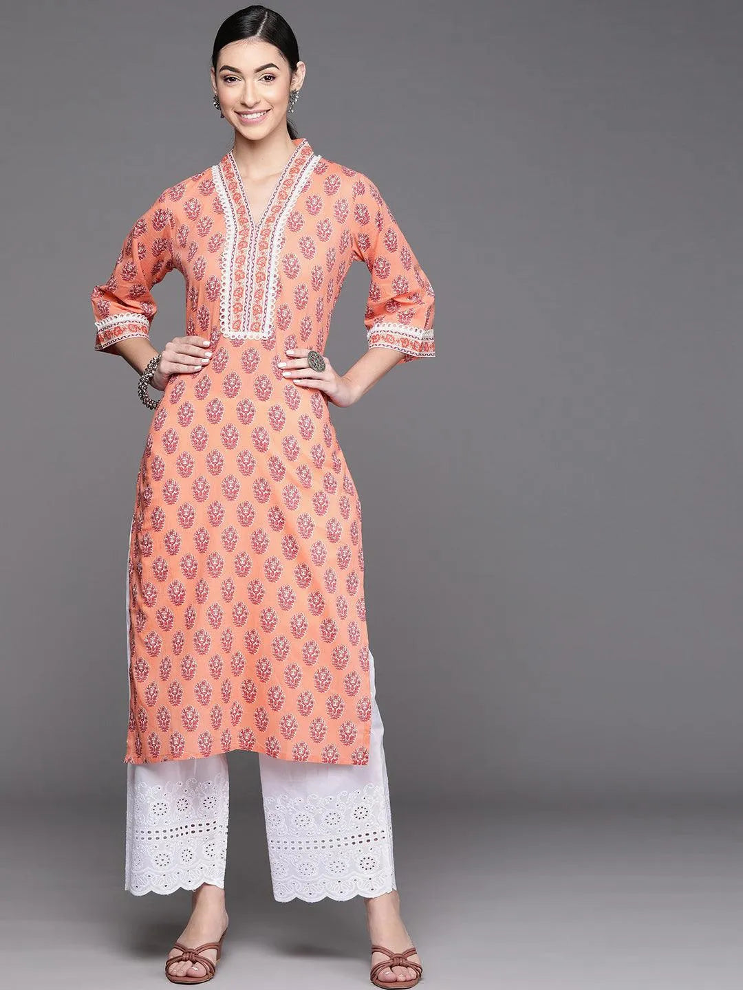 Peach Printed Cotton Kurta - Jashvi