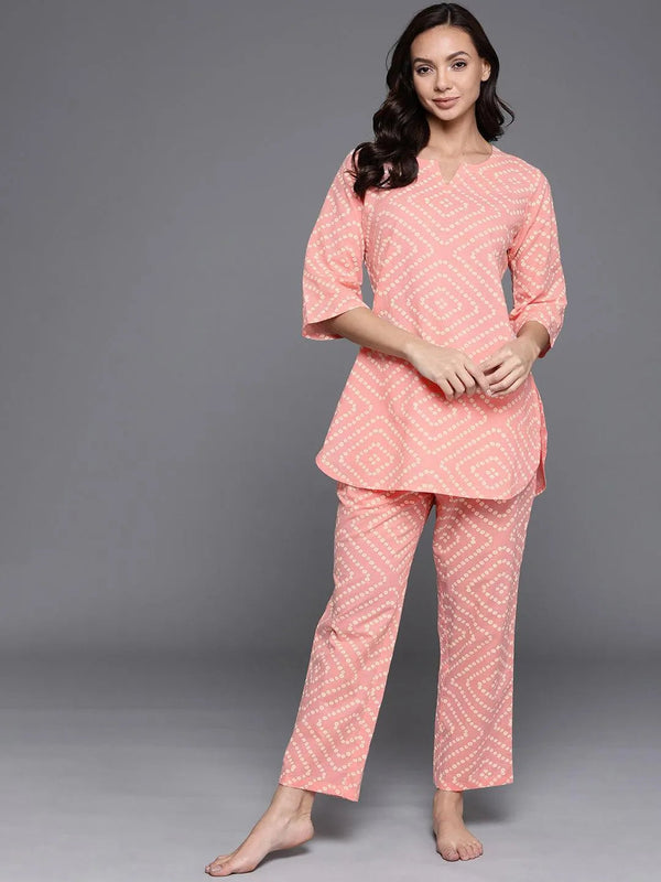 Peach Printed Cotton Night Suit - Jashvi