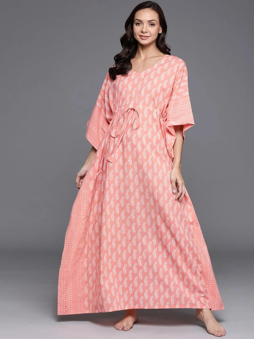 Peach Printed Cotton Nightdress - Jashvi