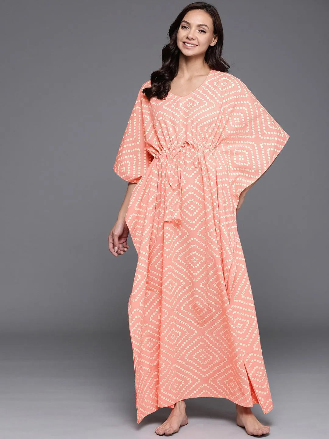 Peach Printed Cotton Nightdress - Jashvi