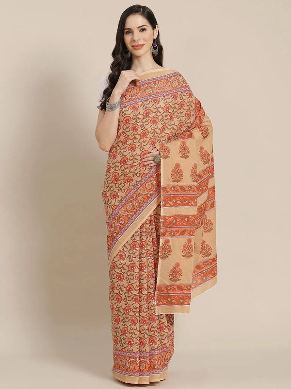 Peach Printed Cotton Saree - Jashvi