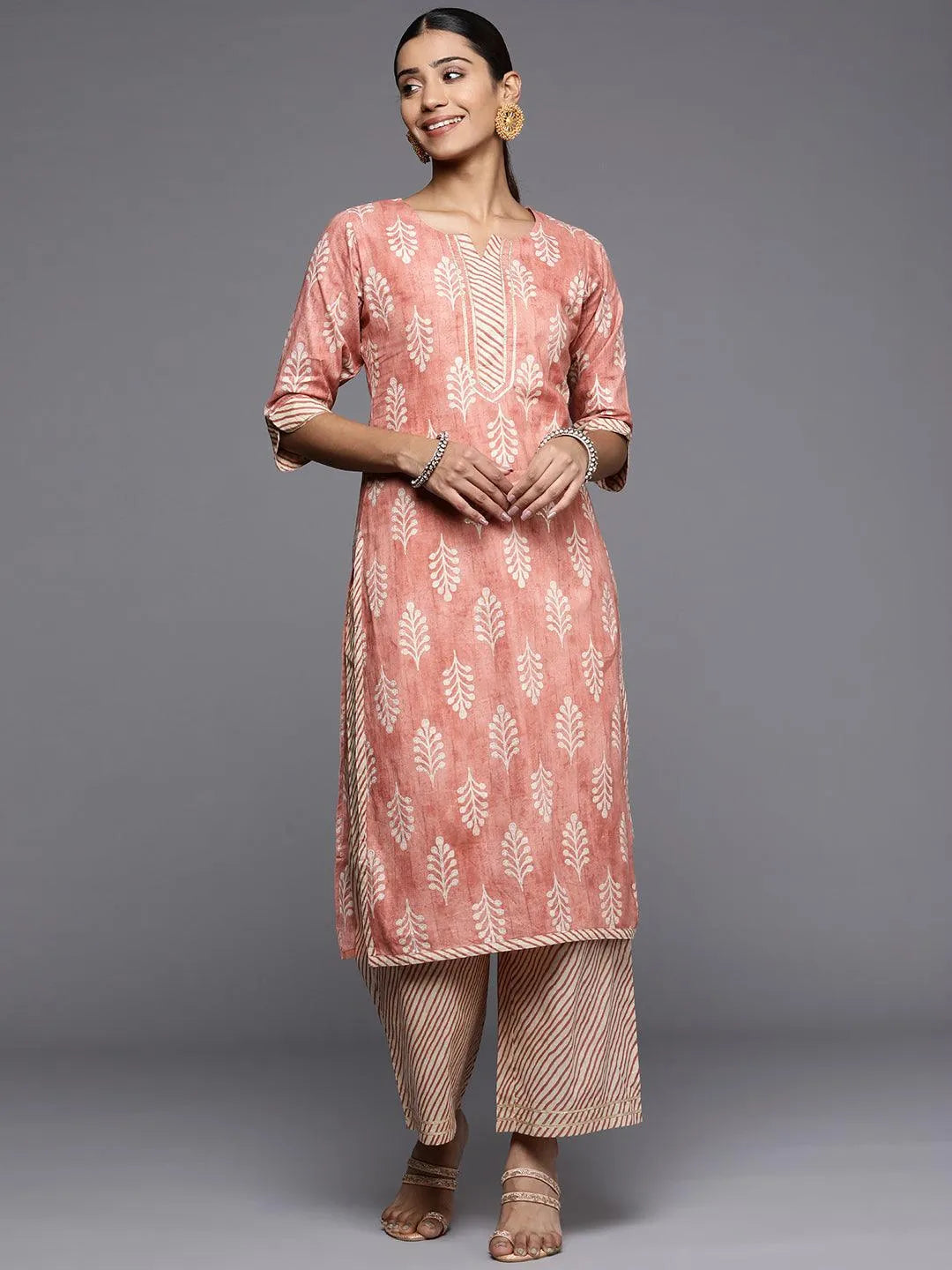 Peach Printed Cotton Straight Kurta - Jashvi