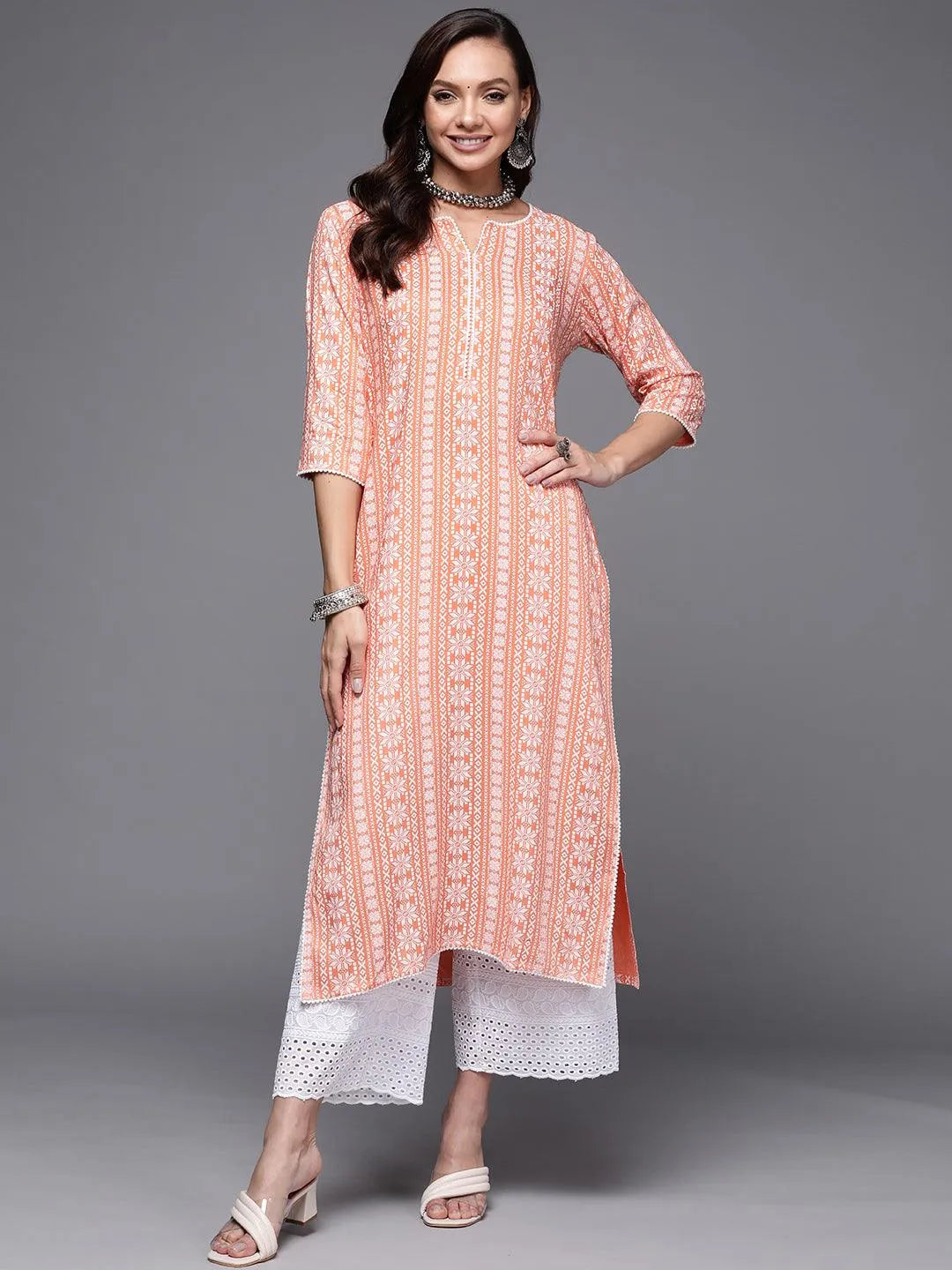 Peach Printed Cotton Straight Kurta - Jashvi