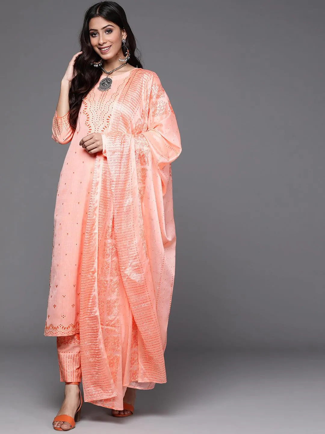 Peach Printed Cotton Suit Set - Jashvi