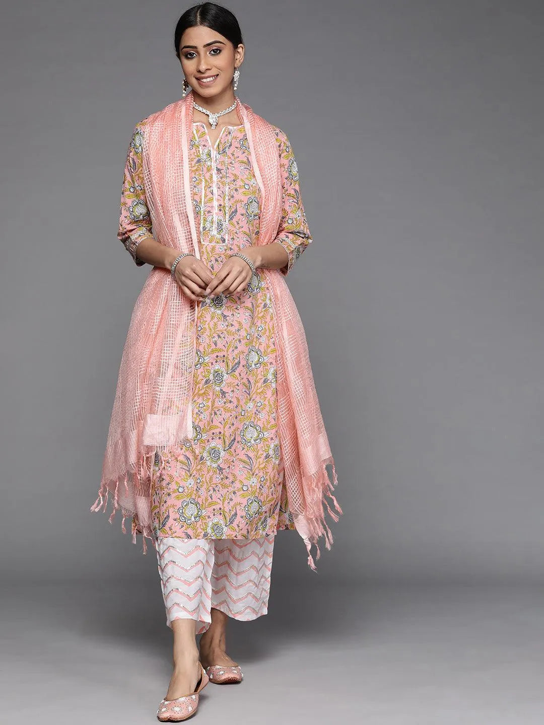 Peach Printed Cotton Suit Set - Jashvi