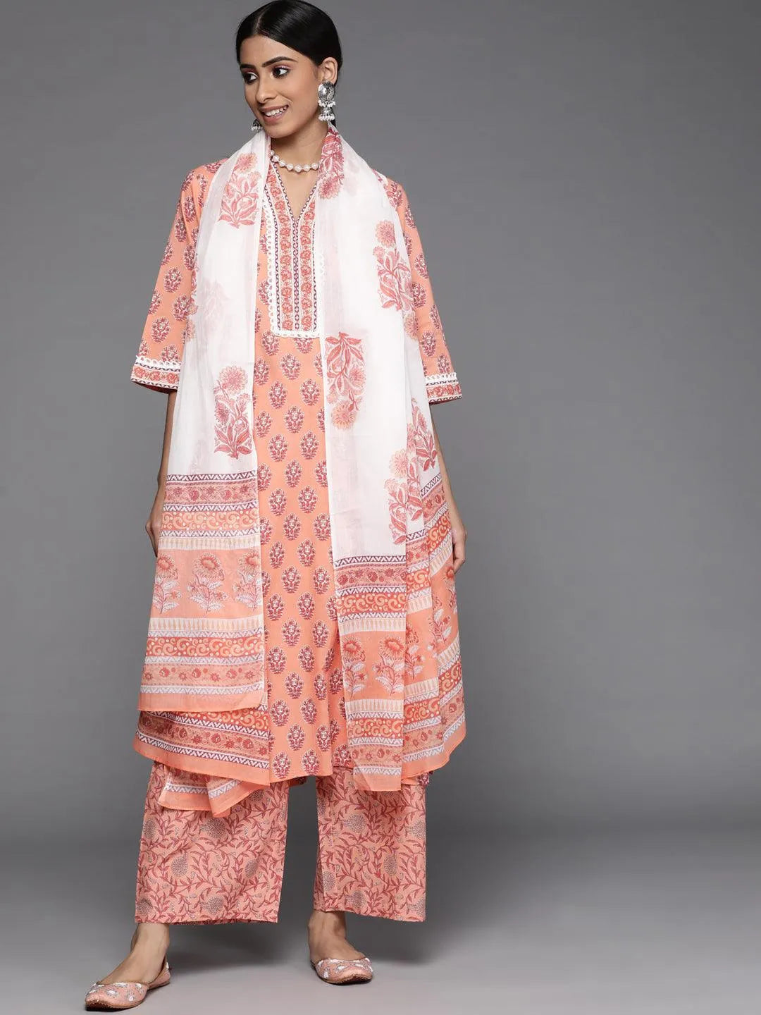 Peach Printed Cotton Suit Set - Jashvi