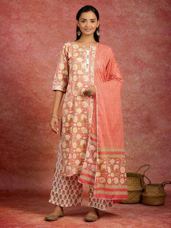 Peach Printed Cotton Straight Kurta With Palazzos & Dupatta - Jashvi