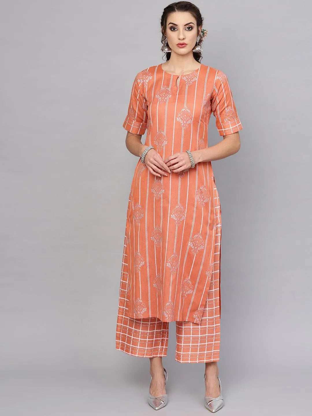 Peach Printed Cotton Kurta Set - Jashvi