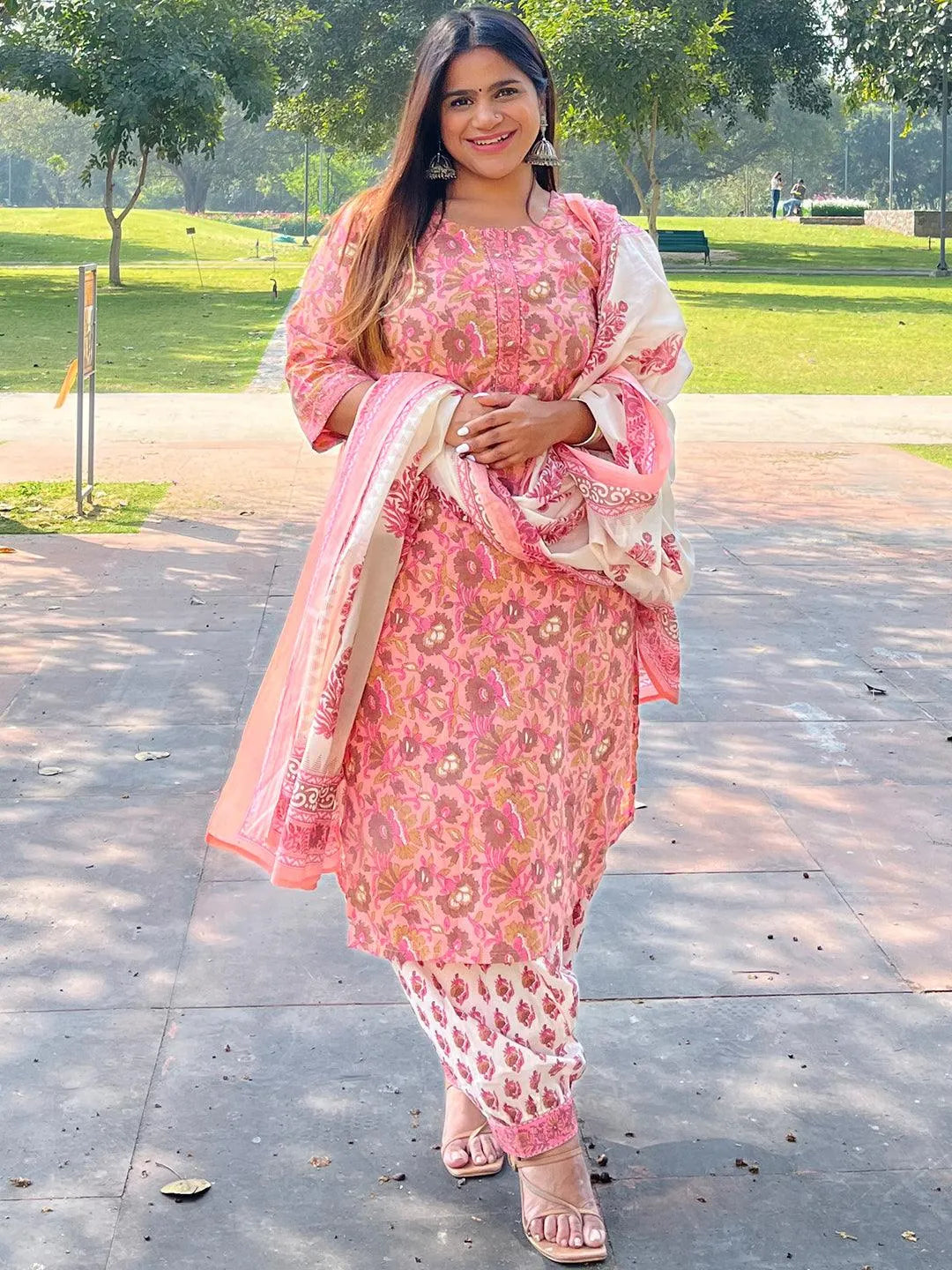 Peach Printed Cotton Suit Set - Jashvi