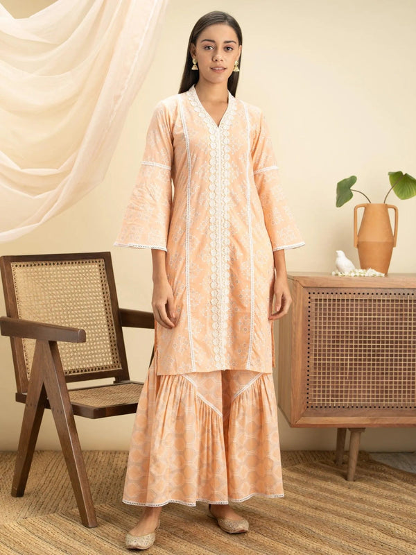 Peach Printed Cotton Straight Kurta Set - Jashvi