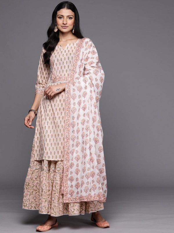 Peach Printed Cotton Straight Suit Set With Skirt - Jashvi