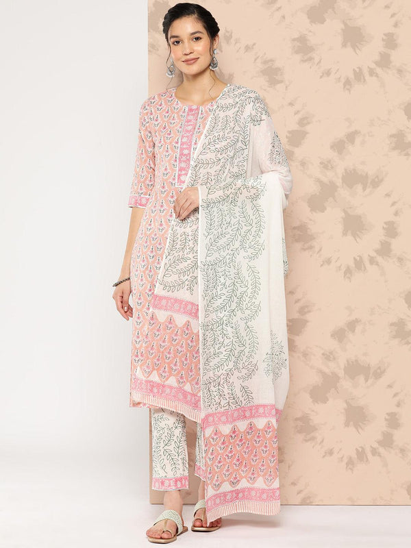 Peach Printed Cotton Straight Kurta With Trousers and Dupatta - Jashvi