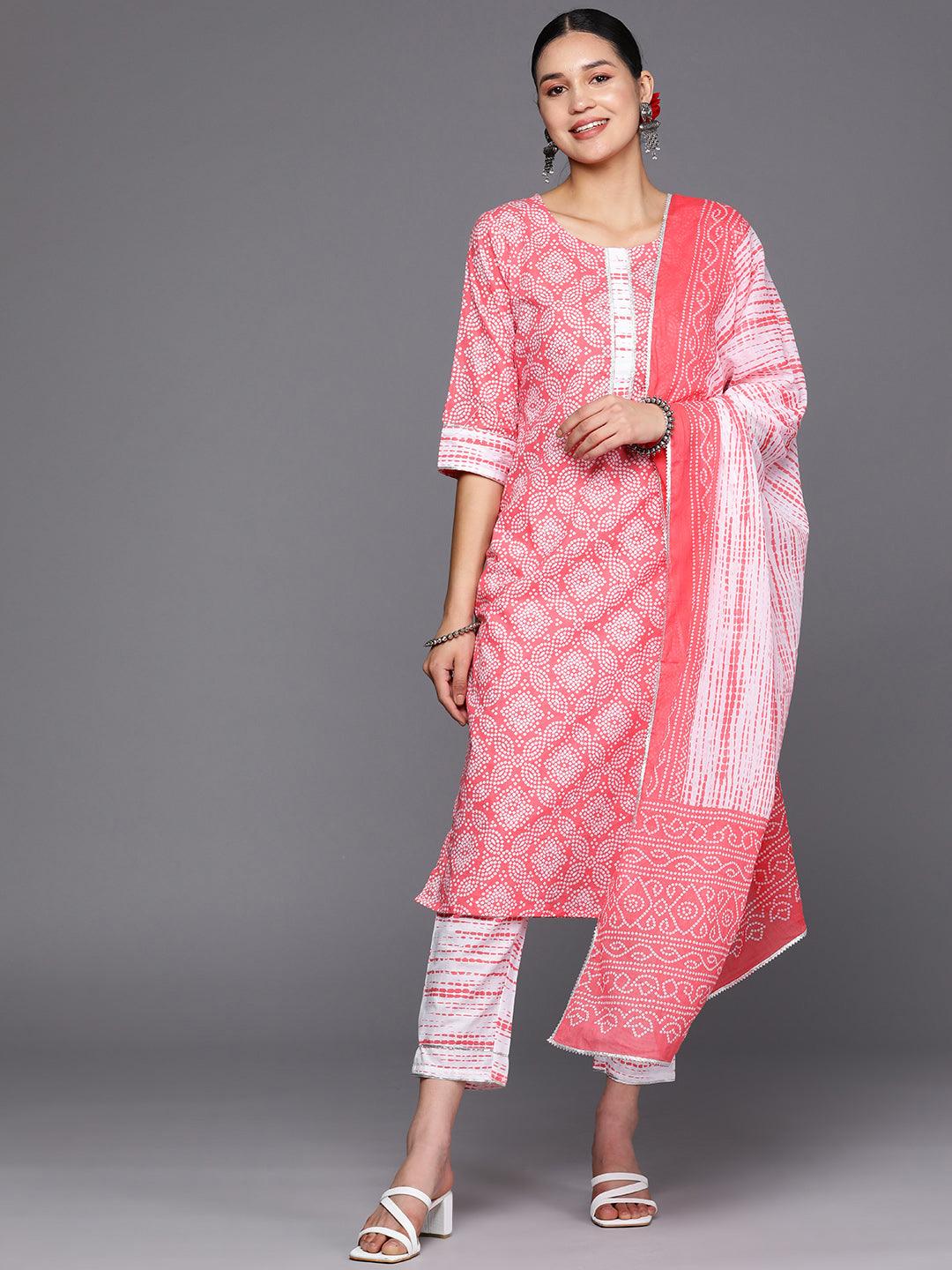 Peach Printed Cotton Straight Suit Set With Trousers - Jashvi