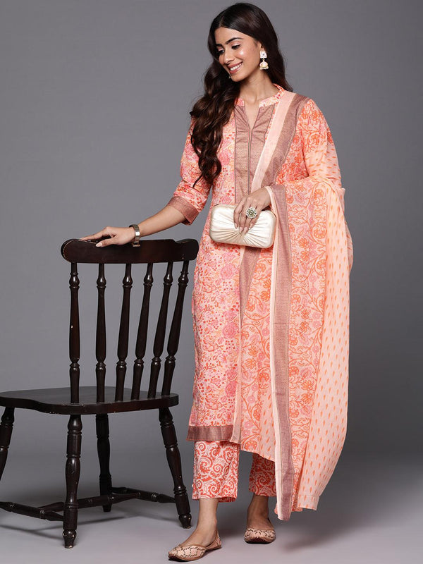 Peach Printed Cotton Straight Kurta With Trousers & Dupatta - Jashvi