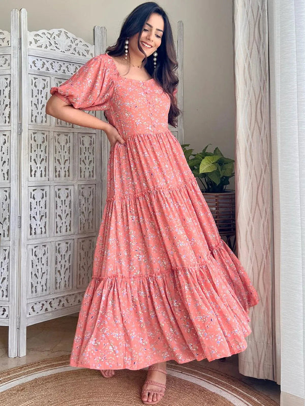 Peach Printed Georgette Dress - Jashvi