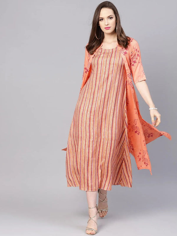 Peach Printed Rayon Dress With Jacket - Jashvi