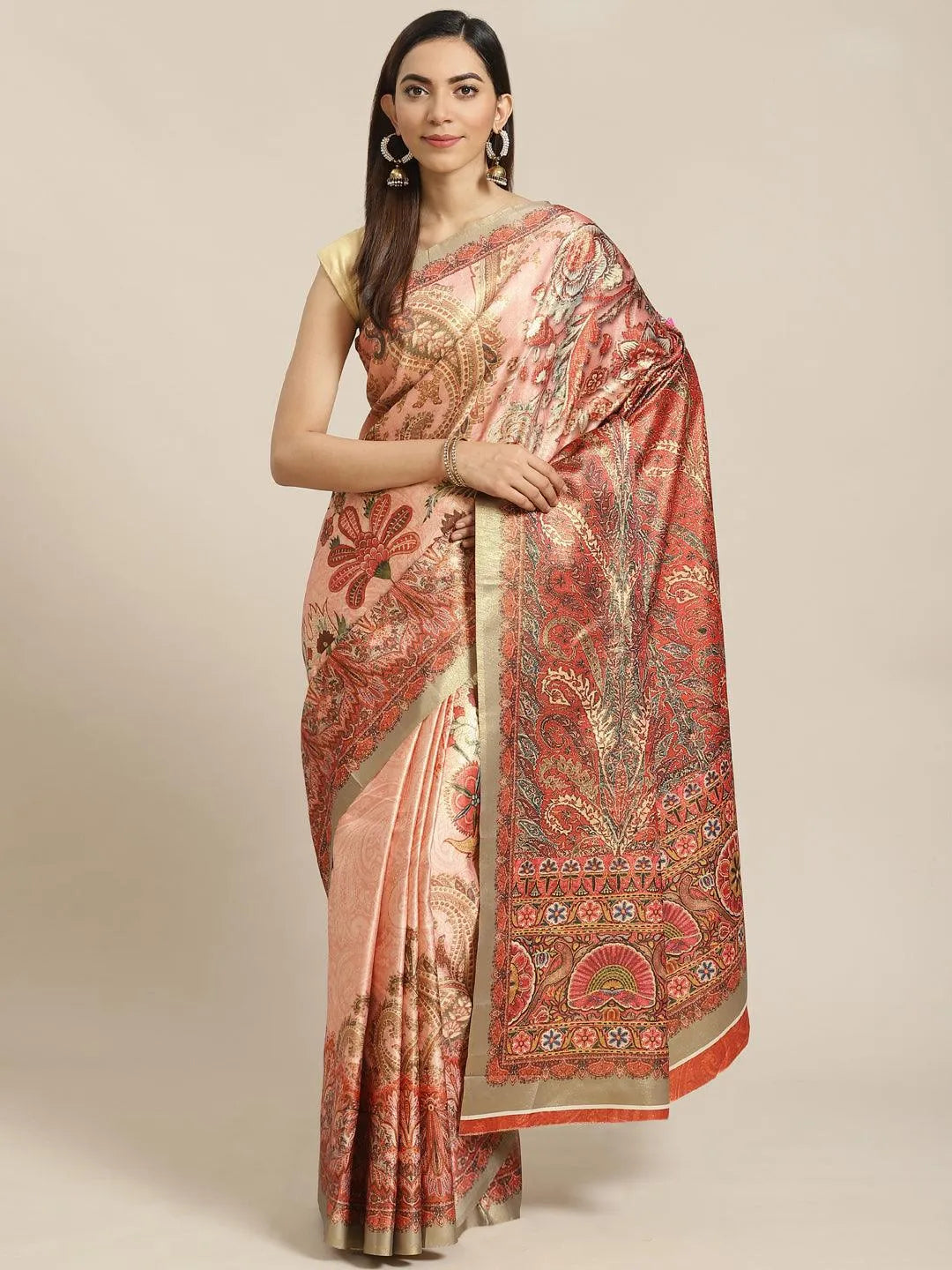 Peach Printed Satin Saree - Jashvi