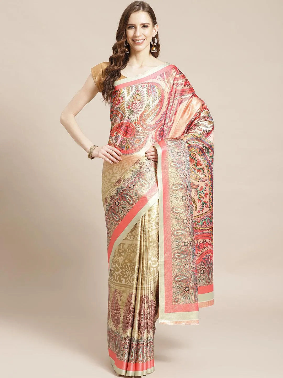 Peach Printed Satin Saree - Jashvi