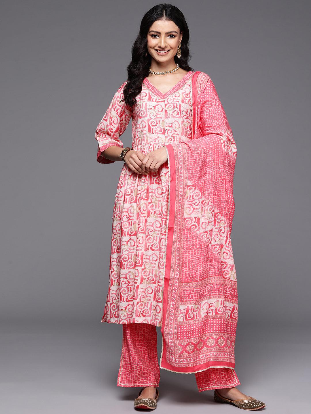 Peach Printed Silk Blend A-Line Kurta With Palazzos & Dupatta - Jashvi