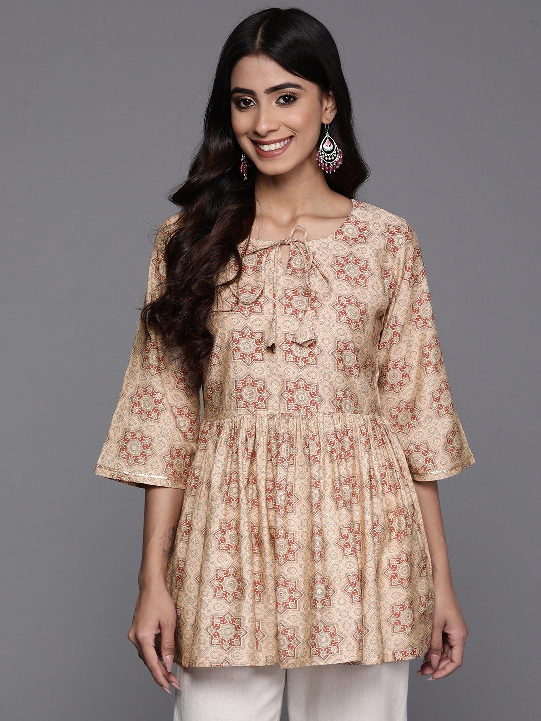 Peach Printed Silk Blend A-Line Kurti - Jashvi