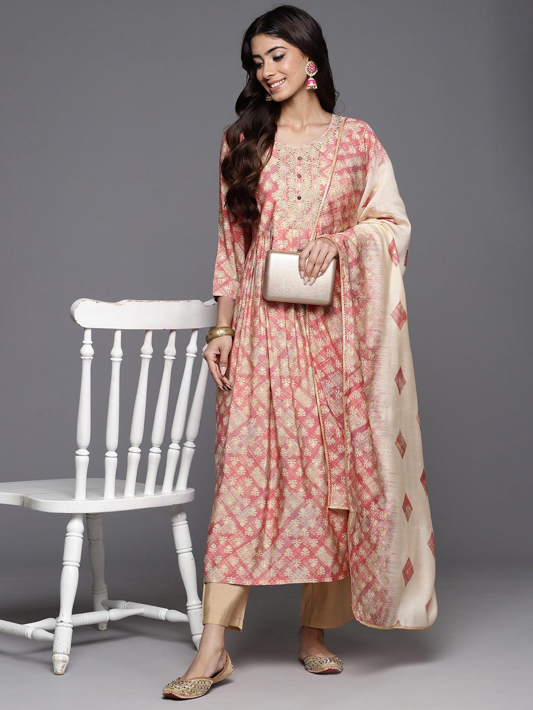 Peach Printed Silk Blend Anarkali Kurta With Trousers & Dupatta - Jashvi