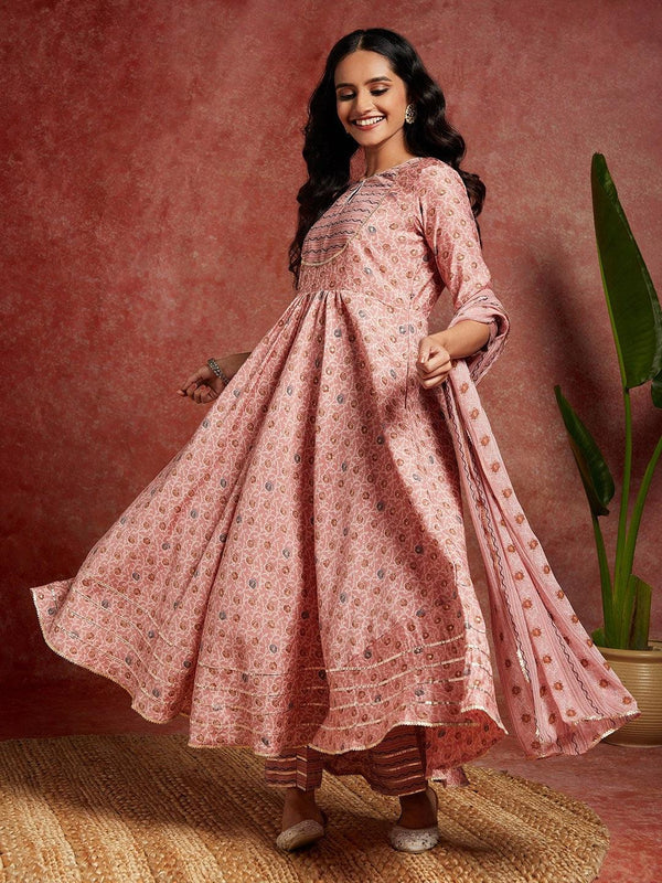 Peach Printed Silk Blend Anarkali Kurta With Trousers & Dupatta - Jashvi