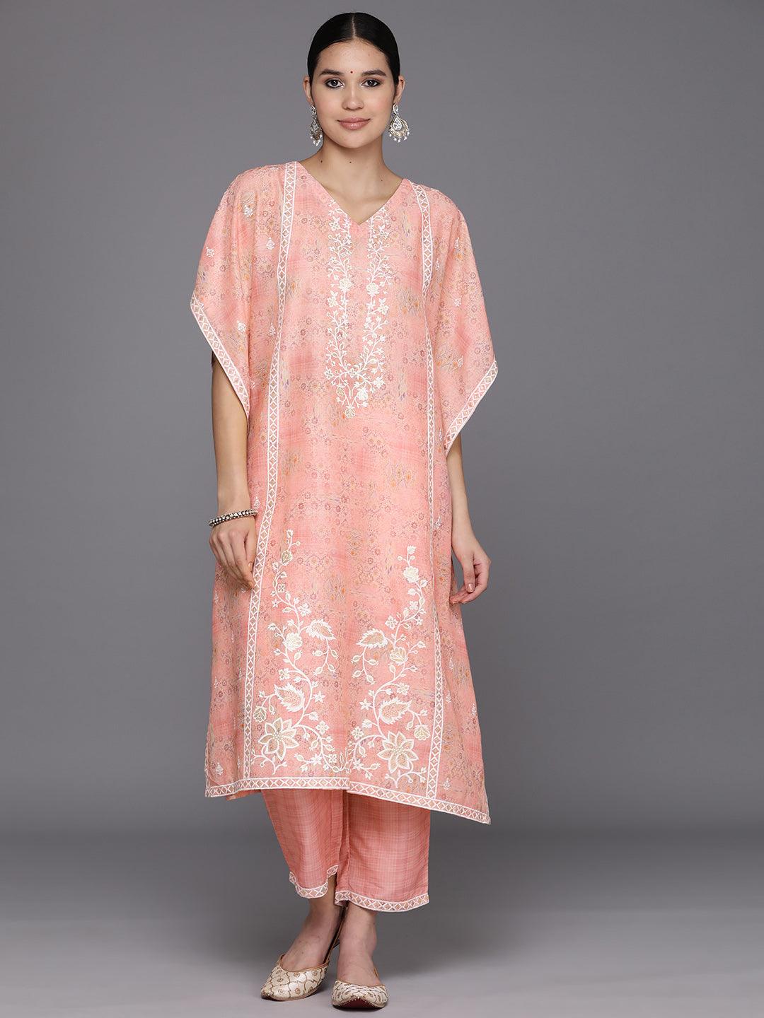 Peach Printed Silk Blend Kaftan Kurta Set With Trousers - Jashvi