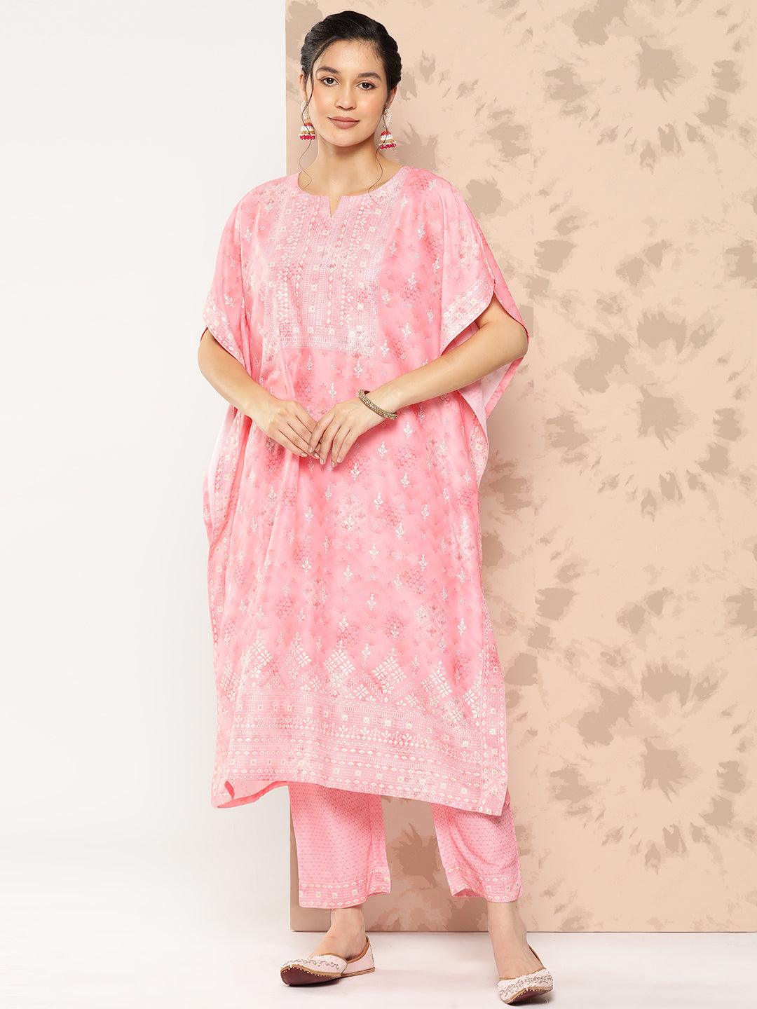 Peach Printed Silk Blend Kaftan Kurta With Trousers - Jashvi