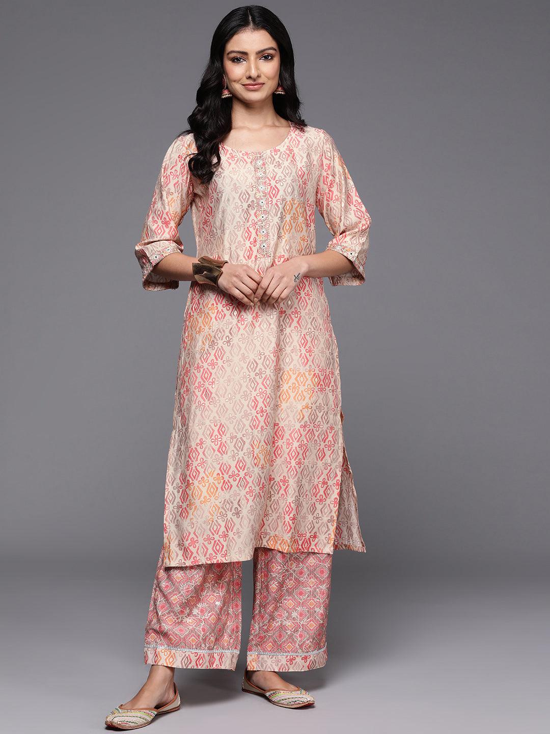 Peach Printed Silk Blend Straight Kurta With Palazzos - Jashvi