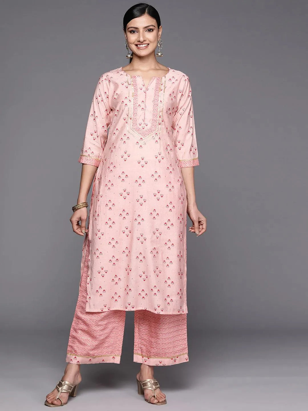 Peach Printed Silk Blend Straight Kurta Set With Palazzos - Jashvi