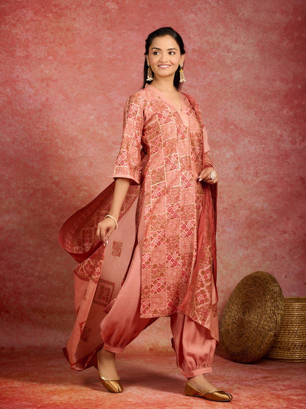 Peach Printed Silk Blend Straight Kurta With Salwar & Dupatta - Jashvi